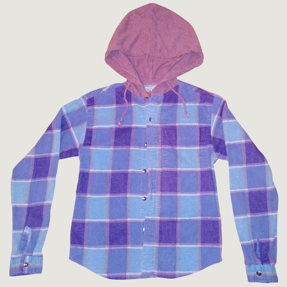 Hysteria Hooded Flannel Shirt Womens Size S Purple Blue Plaid Button Up Vintage
